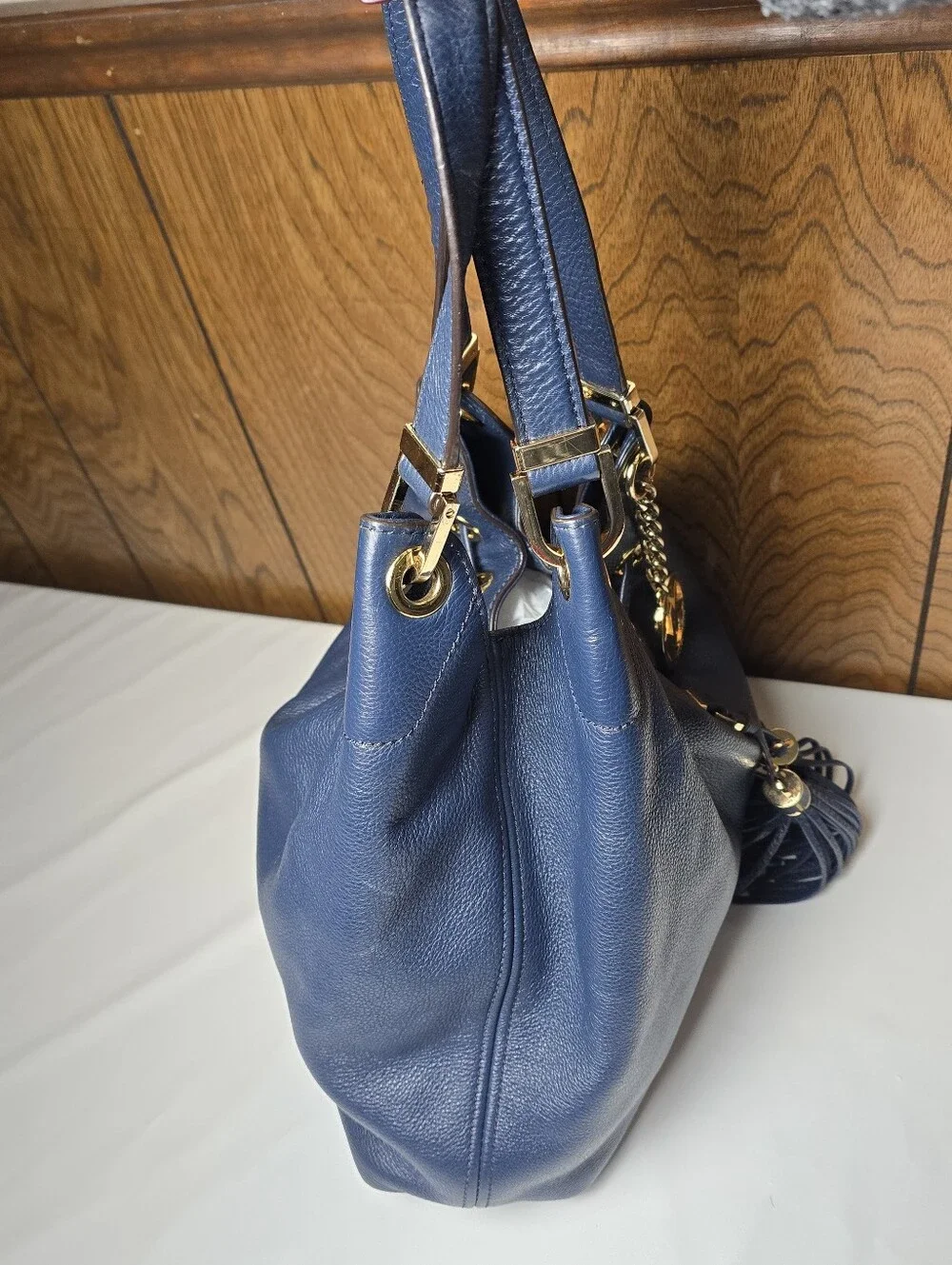 Michael Kors Navy Leather Tassel Shoulder Bag